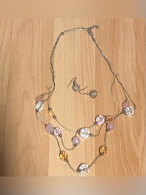 Multi-Strand Blush, White, and Gold Beaded Necklace with Matching Earrings